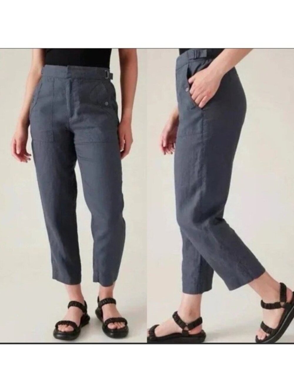 Athleta Voyager Linen Pants Womens 12 Tall Blue Adjustable Waist Coastal NWT$109